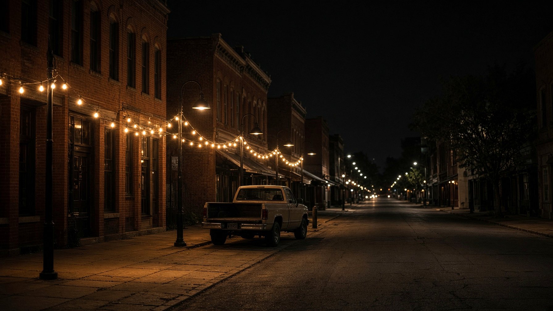 Texas Ave night, string lights