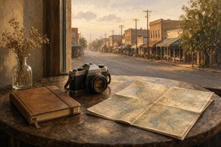 A notebook, camera and folded paper map on a cafe table on Bellaire Boulevard