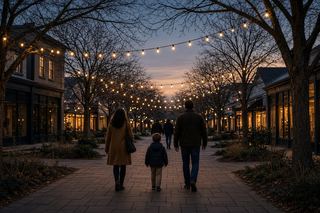 string lights over a town walk at dusk