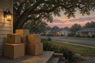 Moving boxes on a porch at dusk on an ordinary Baytown street
