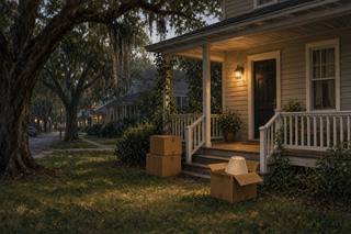 Moving boxes on a lit porch on a tree-lined street at dusk
