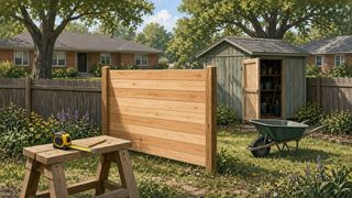 A tidy Bellaire backyard with a new cedar fence section being set between posts, a small garden shed with its door open, a wheelbarrow, and a tape measure and pencil resting on a sawhorse