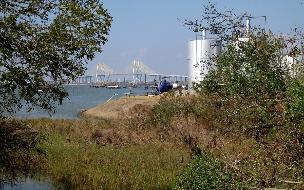 The Fred Hartman Bridge as seen from Evergreen Road on Tabb's Bay, Baytown, Texas 10-11-2008