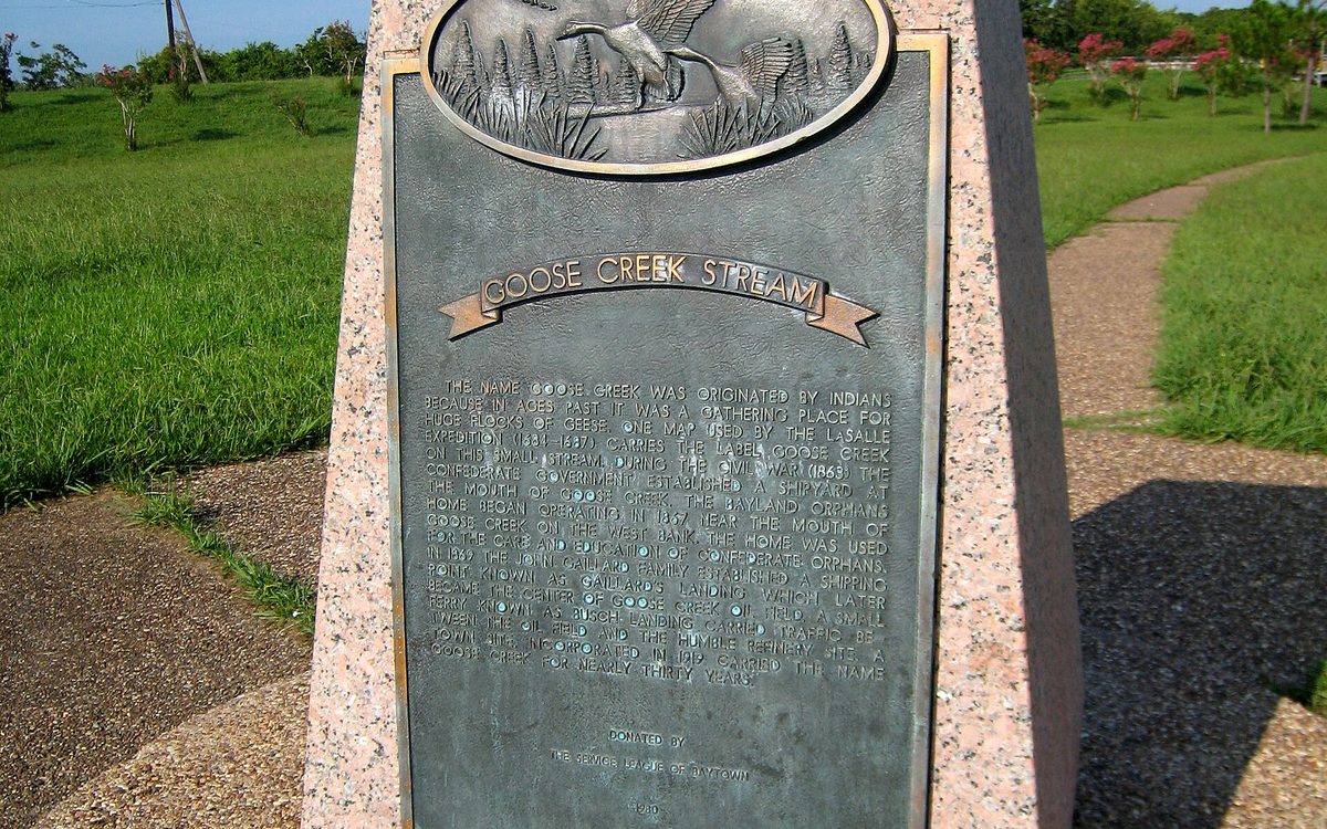 This monument is located in the park behind the old San Jacinto Methodist Hospital just off the Goose Creek Trail in Baytown, Texas.