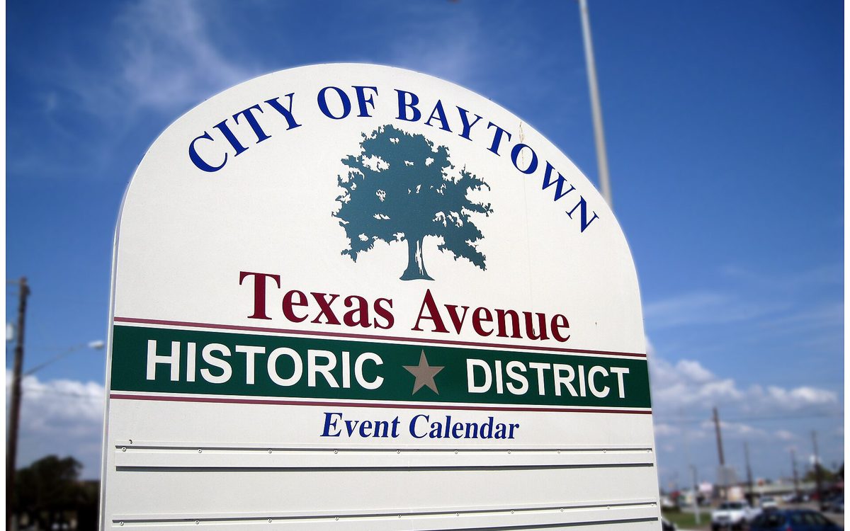 City of Baytown, Texas.  Texas Avenue Historic District sign at the corner of Decker Drive and Texas Avenue.