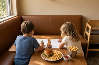 children drawing at a restaurant booth, from behind