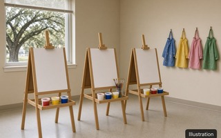 A row of easels sitting next to each other in a room.