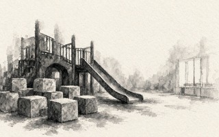 A drawing of a playground with a slide and blocks.