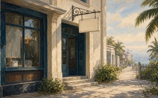 A painting of a street with a blue door and windows.