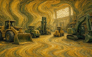 A painting of a large group of construction vehicles in a tunnel.