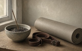 A mortar and a rolled up yoga mat on a window sill.