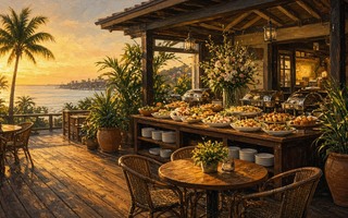 A painting of a restaurant with a view of the ocean.