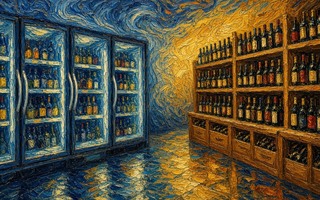 A painting of a wine cellar filled with bottles of wine.