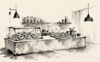 A drawing of a bakery counter with donuts on it.