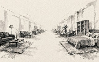 A drawing of a bedroom with a bed and a couch.