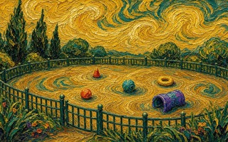 A painting of a starry night in a garden.