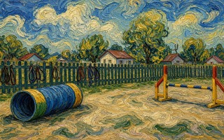 A painting of a field with a fence and a barrel.