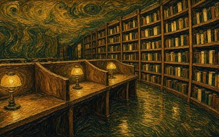 A painting of a library filled with lots of books.