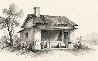 A drawing of a small house with presents on the porch.