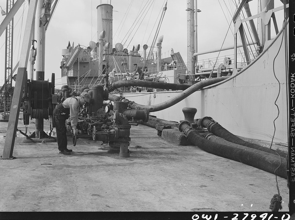 Baytown, Texas. Loading a tanker with oil at a refinery