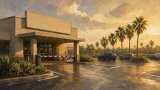 a grocery storefront and parking lot after rain