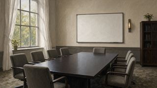 a meeting room with a long table and chairs