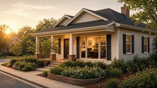 a single-story house with a porch, late afternoon