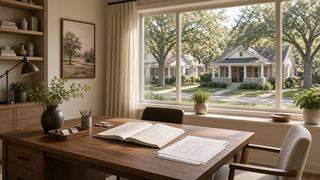 a desk by a window looking onto neighborhood houses