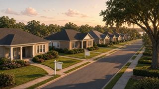 a quiet residential street at golden hour