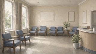 a clinic waiting room with empty chairs